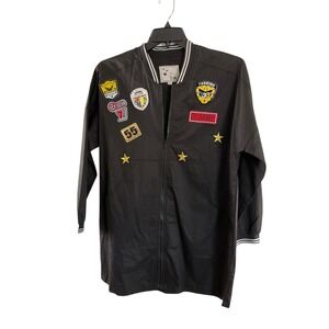 It Girl Jacket Womens Large Black Longline Bomber Zip Patch Stars Graphic